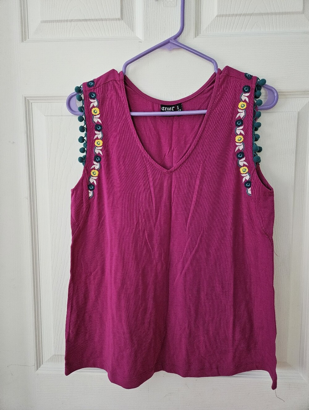Crüel Fuchsia Embroidered Pom-Pom Tank Top